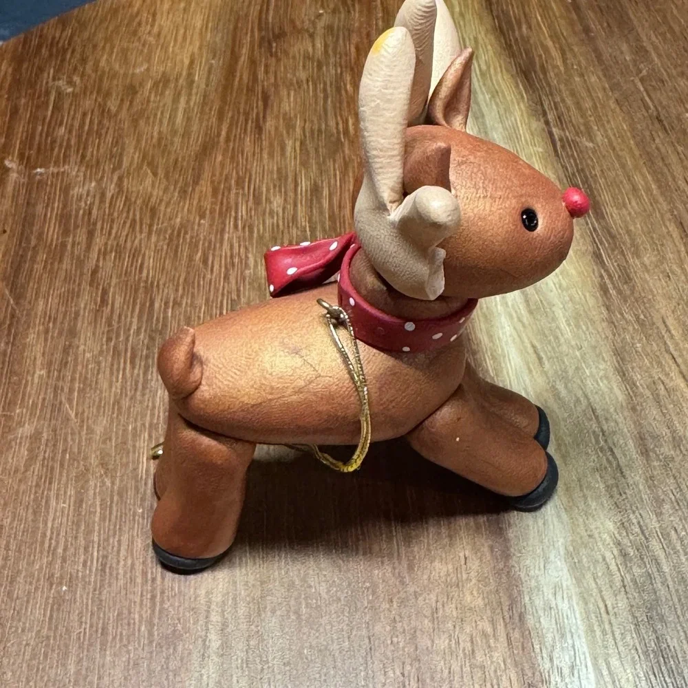 Handmade Clay Reindeer Christmas Ornament Red Nose Polka Dot Bow Jingle Bell 3in